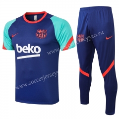 2021-2022 Barcelona Camouflage Blue (Green Sleeved) Short-sleeved Thailand Soccer Tracksuit Uniform-815