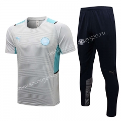 2021-2022 Manchester City Light Grey Short-sleeved Thailand Soccer Tracksuit-815