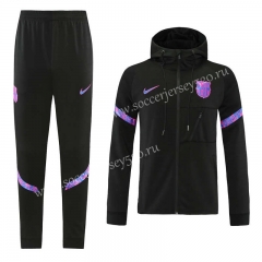 2021-2022 Barcelona Black(Purple Logo) Thailand Soccer Jacket Uniform With Hat-LH
