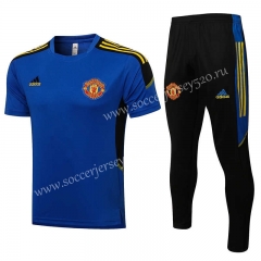 2021-2022 UEFA Champions League Manchester United Blue Short-sleeved Thailand Soccer Tracksuit-815