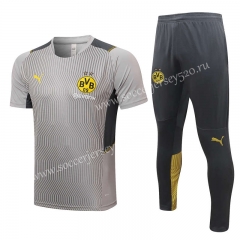 2021-2022 Borussia Dortmund Light Grey Pad Printing Thailand Short Sleeve Soccer Tracksuit Uniform-815