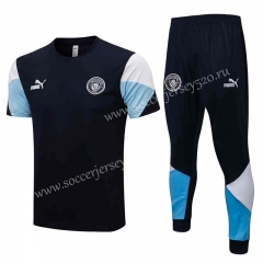 2021-2022 Manchester City Royal Blue Short-sleeved Thailand Soccer Tracksuit-815