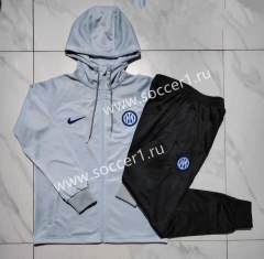 2023-24 Inter Milan Light Grey Thailand Soccer Jacket Uniform With Hat-815