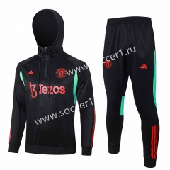2023-24 Manchester United Black Thailand Soccer Tracksuit With Hat-815